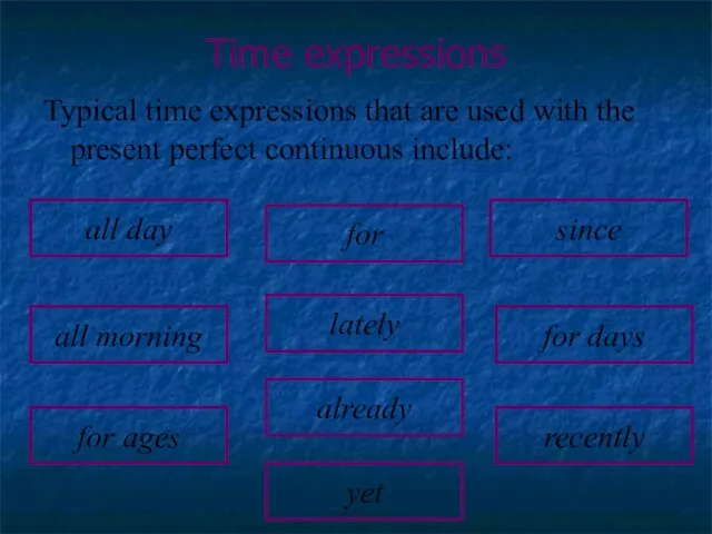 Time expressions Typical time expressions that are used with the present perfect