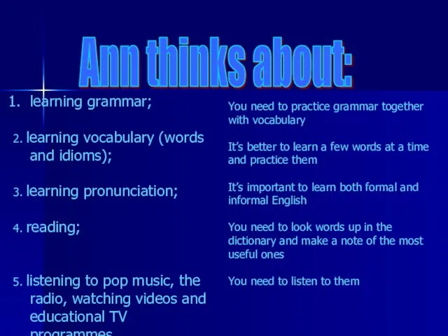 Ann thinks about: learning grammar; 2. learning vocabulary (words and idioms); 3.