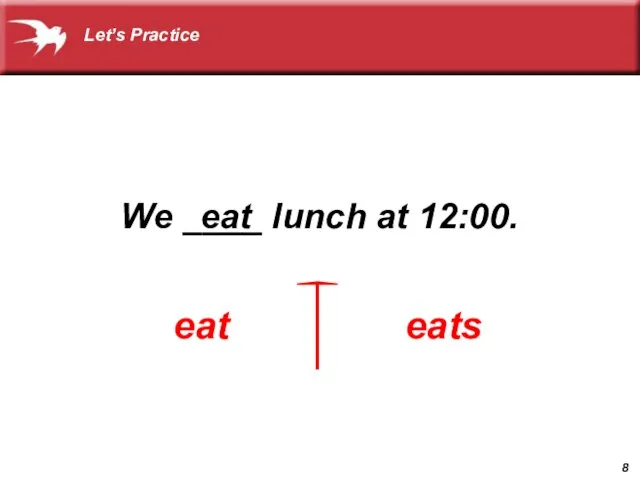 We ____ lunch at 12:00. eat eats eat Let’s Practice