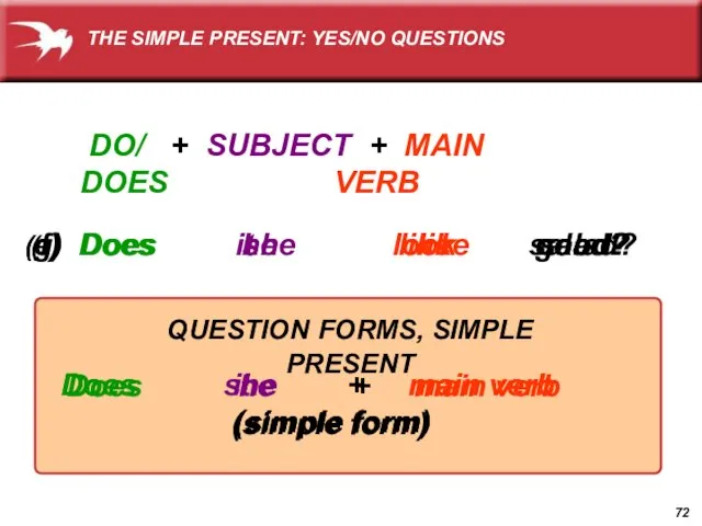 Does he + main verb (simple form) Does it + main verb