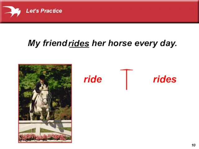 My friend ____ her horse every day. ride rides rides Let’s Practice