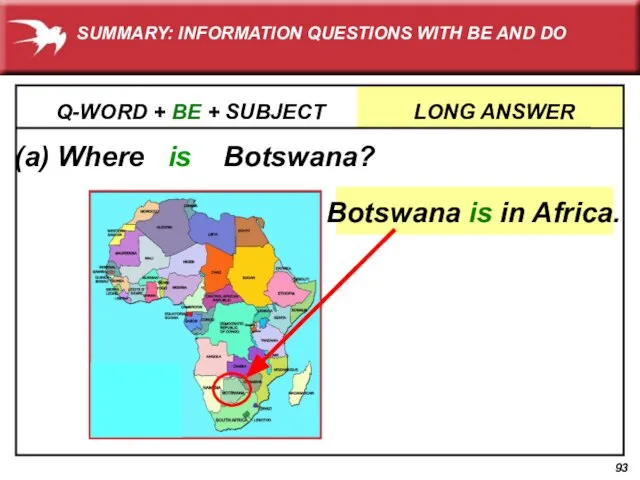 (a) Where is Botswana? Q-WORD + BE + SUBJECT LONG ANSWER Botswana