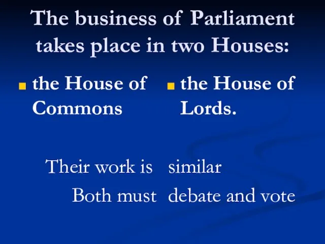 The business of Parliament takes place in two Houses: the House of