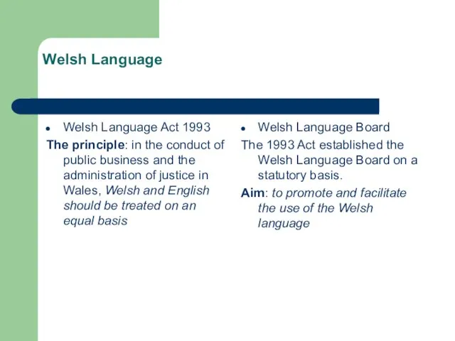 Welsh Language Welsh Language Act 1993 The principle: in the conduct of