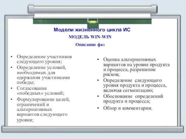 Модели жизненного цикла ИС МОДЕЛЬ WIN-WIN Описание фаз Определение участников следующего уровня;