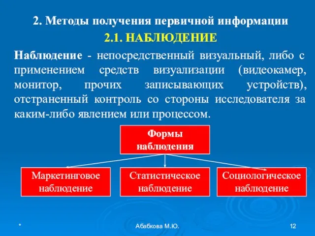 * Абабкова М.Ю. 2. Методы получения первичной информации 2.1. НАБЛЮДЕНИЕ Наблюдение -