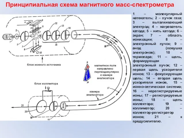 Принципиальная схема магнитного масс-спектрометра 1 – молекулярный натекатель; 2 – пучок газа;