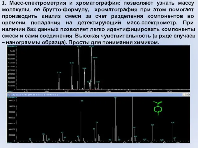 1. Масс-спектрометрия и хроматография: позволяют узнать массу молекулы, ее брутто-формулу, хроматография при