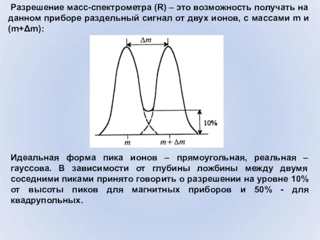 Разрешение масс-спектрометра (R) – это возможность получать на данном приборе раздельный сигнал