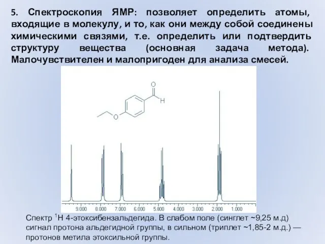 5. Спектроскопия ЯМР: позволяет определить атомы, входящие в молекулу, и то, как