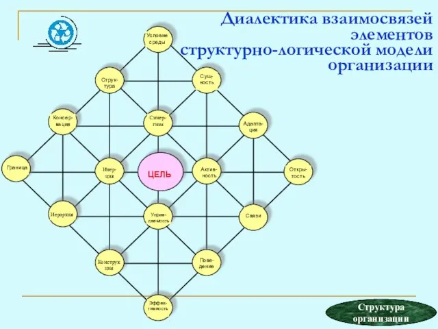 Диалектика взаимосвязей элементов структурно-логической модели организации Структура организации