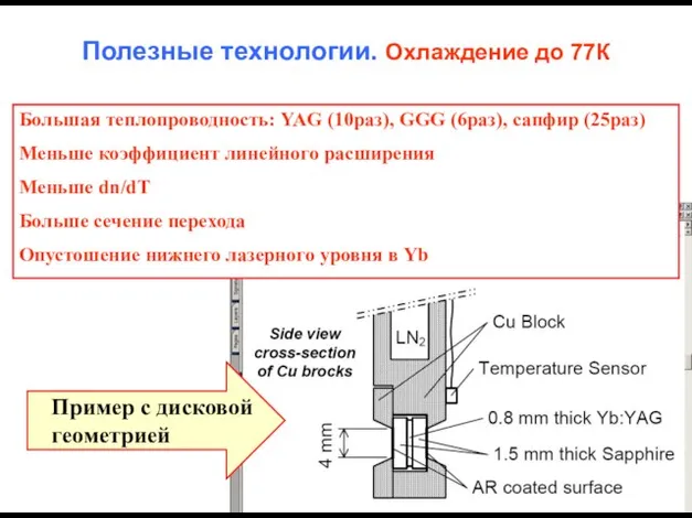 Полезные технологии. Охлаждение до 77К Большая теплопроводность: YAG (10раз), GGG (6раз), сапфир