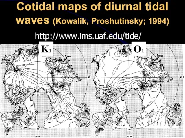 Cotidal maps of diurnal tidal waves (Kowalik, Proshutinsky; 1994) http://www.ims.uaf.edu/tide/ K1 O1