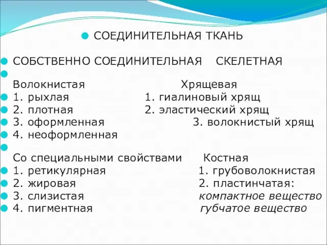 СОЕДИНИТЕЛЬНАЯ ТКАНЬ СОБСТВЕННО СОЕДИНИТЕЛЬНАЯ СКЕЛЕТНАЯ Волокнистая Хрящевая 1. рыхлая 1. гиалиновый хрящ