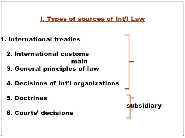 I. Types of sources of Int’l Law International treaties 2. International customs