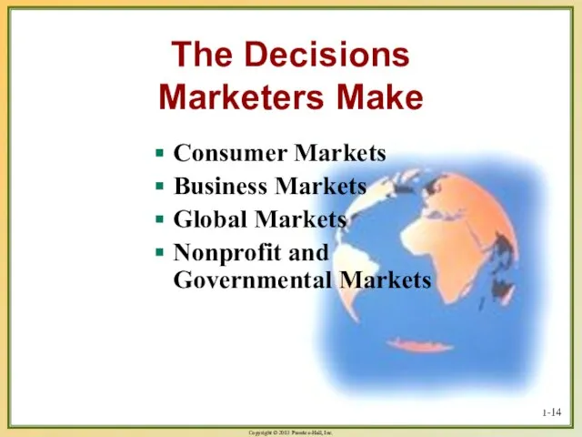 1- The Decisions Marketers Make Consumer Markets Business Markets Global Markets Nonprofit and Governmental Markets