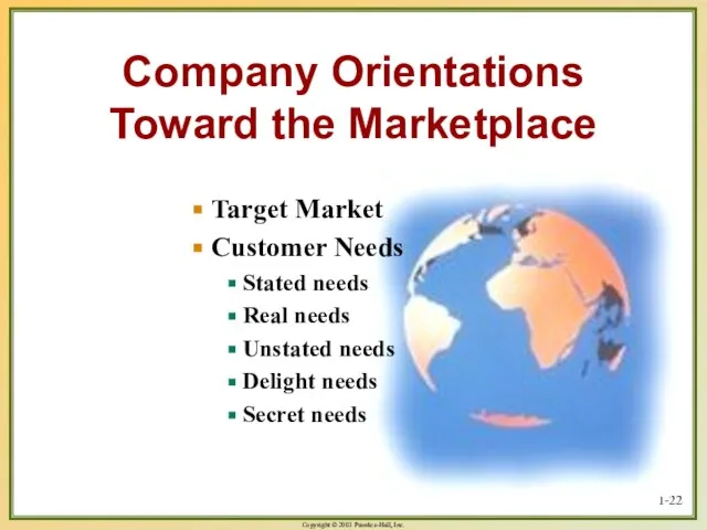 1- Company Orientations Toward the Marketplace Target Market Customer Needs Stated needs