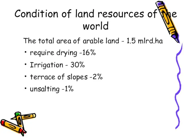 Condition of land resources of the world The total area of arable