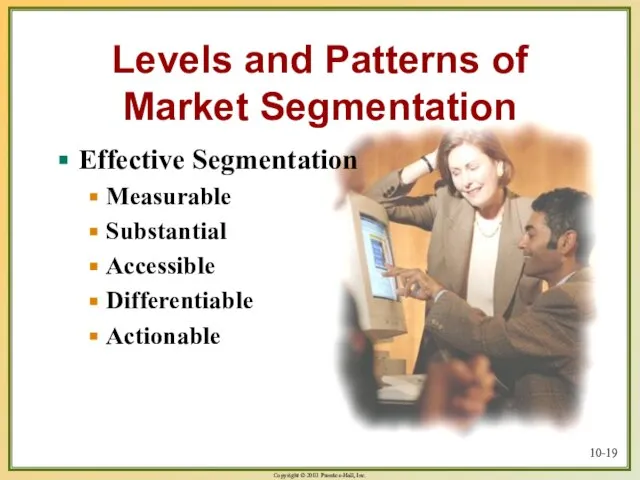 10- Levels and Patterns of Market Segmentation Effective Segmentation Measurable Substantial Accessible Differentiable Actionable