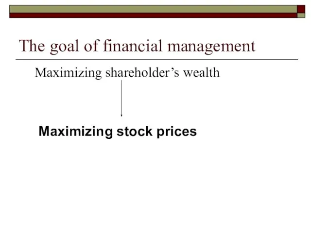 The goal of financial management Maximizing shareholder’s wealth Maximizing stock prices