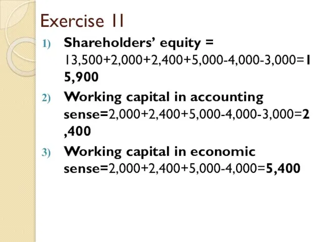Exercise 1I Shareholders’ equity = 13,500+2,000+2,400+5,000-4,000-3,000=15,900 Working capital in accounting sense=2,000+2,400+5,000-4,000-3,000=2,400 Working capital in economic sense=2,000+2,400+5,000-4,000=5,400