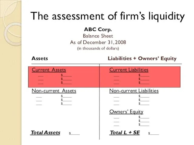 The assessment of firm’s liquidity ABC Corp. Balance Sheet As of December