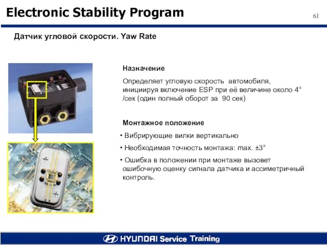 Датчик угловой скорости. Yaw Rate Назначение Определяет угловую скорость автомобиля, инициируя включение