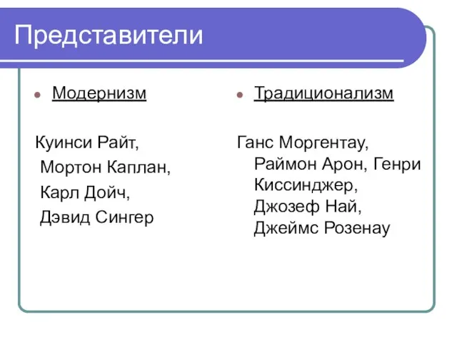 Представители Модернизм Куинси Райт, Мортон Каплан, Карл Дойч, Дэвид Сингер Традиционализм Ганс