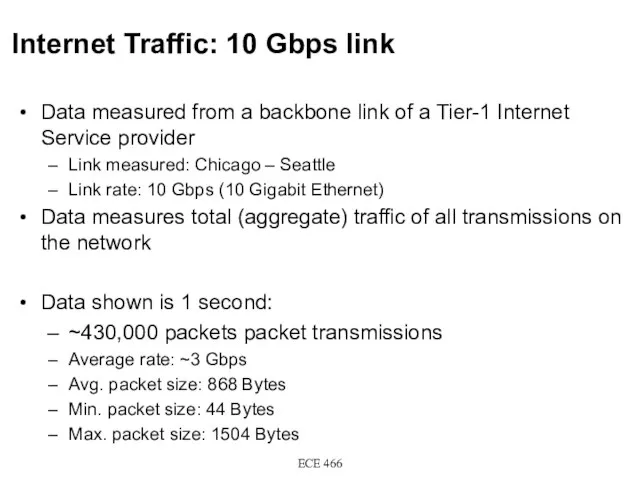 Internet Traffic: 10 Gbps link Data measured from a backbone link of