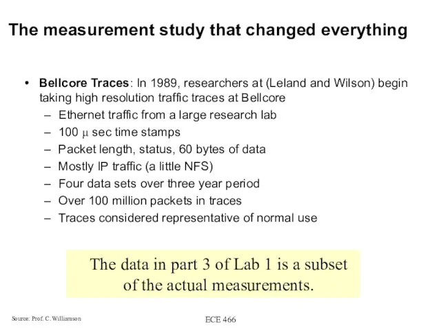 ECE 466 The measurement study that changed everything Bellcore Traces: In 1989,