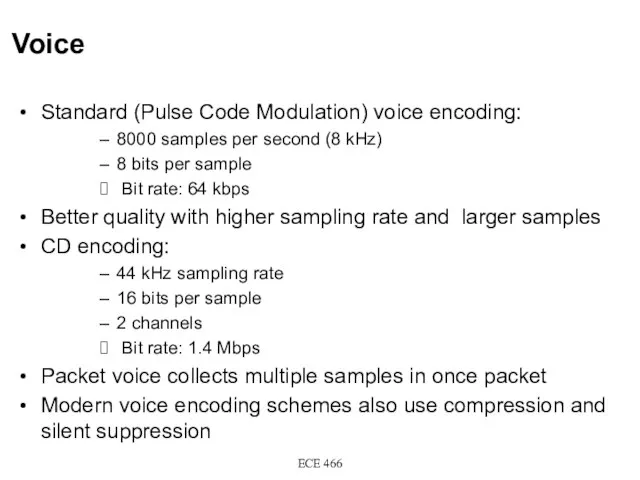 Voice Standard (Pulse Code Modulation) voice encoding: 8000 samples per second (8