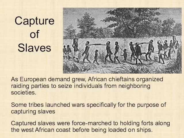 Capture of Slaves As European demand grew, African chieftains organized raiding parties