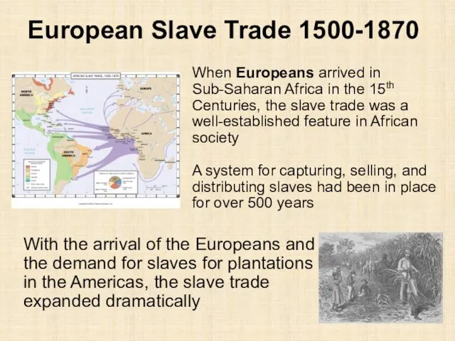 European Slave Trade 1500-1870 When Europeans arrived in Sub-Saharan Africa in the