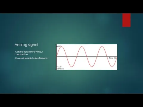 Analog signal -Can be transmitted without conversation -More vulnerable to interferences