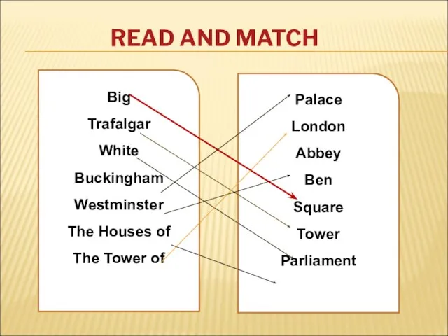 READ AND MATCH Big Trafalgar White Buckingham Westminster The Houses of The