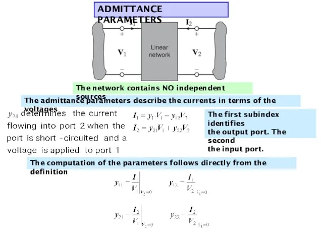 ADMITTANCE PARAMETERS The admittance parameters describe the currents in terms of the