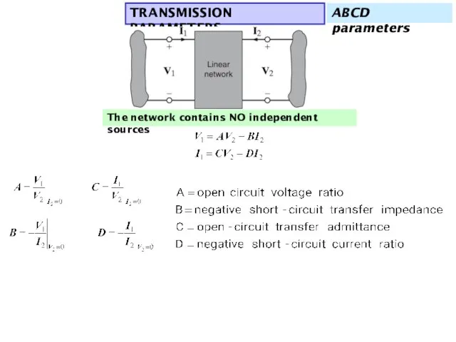TRANSMISSION PARAMETERS The network contains NO independent sources ABCD parameters