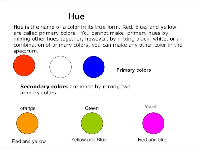 Hue Hue is the name of a color in its true form.