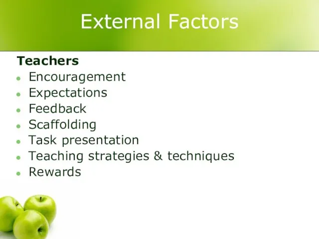 External Factors Teachers Encouragement Expectations Feedback Scaffolding Task presentation Teaching strategies & techniques Rewards