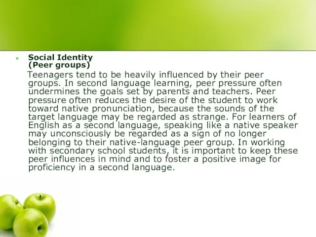 Social Identity (Peer groups) Teenagers tend to be heavily influenced by their