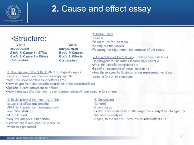 2. Cause and effect essay Высшая школа экономики, Москва, 2015 Structure: Var.