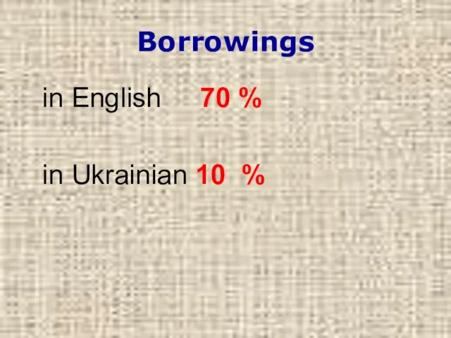 Borrowings in English 70 % in Ukrainian 10 %