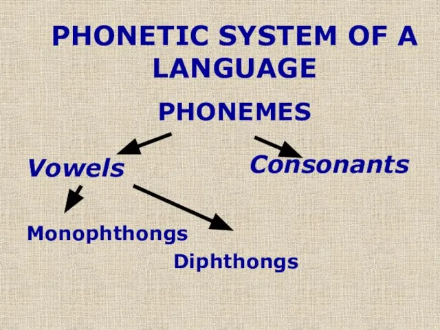 PHONETIC SYSTEM OF A LANGUAGE PHONEMES Vowels Monophthongs Diphthongs Consonants