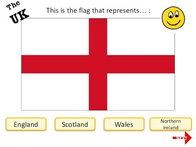 This is the flag that represents… : England Scotland Wales Northern Ireland NEXT The UK