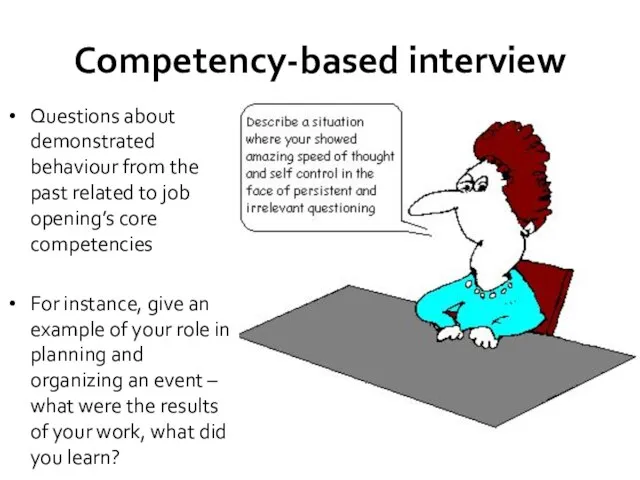 Competency-based interview Questions about demonstrated behaviour from the past related to job