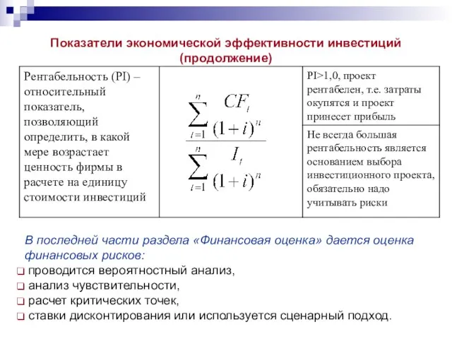 Показатели экономической эффективности инвестиций (продолжение) В последней части раздела «Финансовая оценка» дается