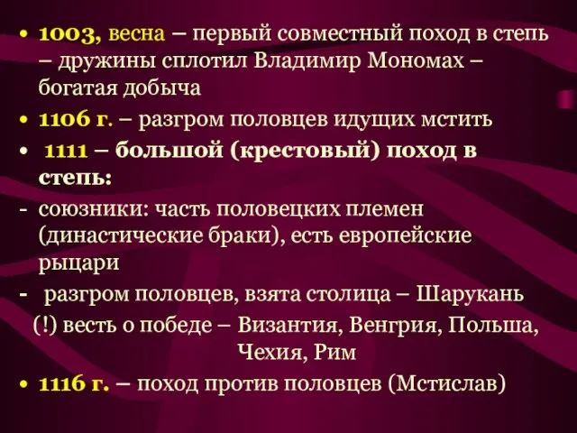 1003, весна – первый совместный поход в степь – дружины сплотил Владимир