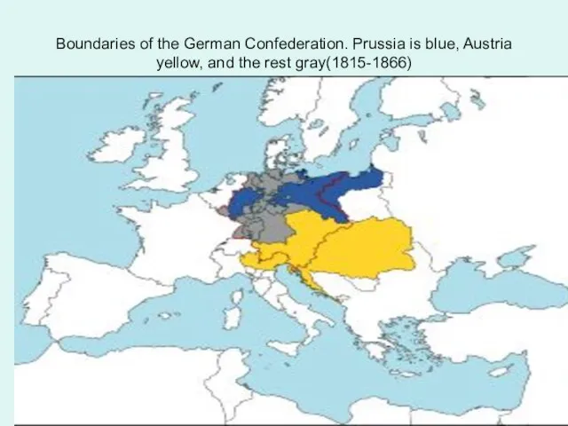 Boundaries of the German Confederation. Prussia is blue, Austria yellow, and the rest gray(1815-1866)