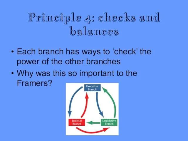 Principle 4: checks and balances Each branch has ways to ‘check’ the