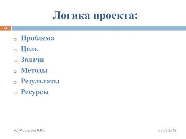 Логика проекта: Проблема Цель Задачи Методы Результаты Ресурсы 03.09.2012 (с) Москвина А.Ю.